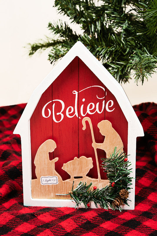 10.25 x 8 'Believe' Light Up Red Barn Nativity